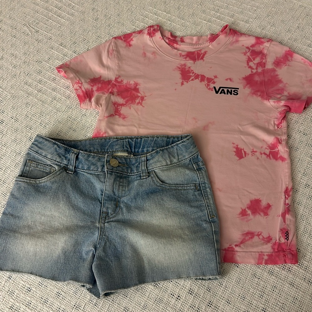 2 Piece Set:  Size 10/12 -T shirt & jean shorts  (Vans/Cherokee)